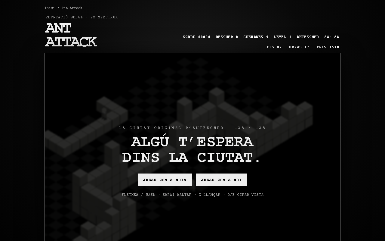 Pantalla inicial de la recreació WebGL d'Ant Attack
