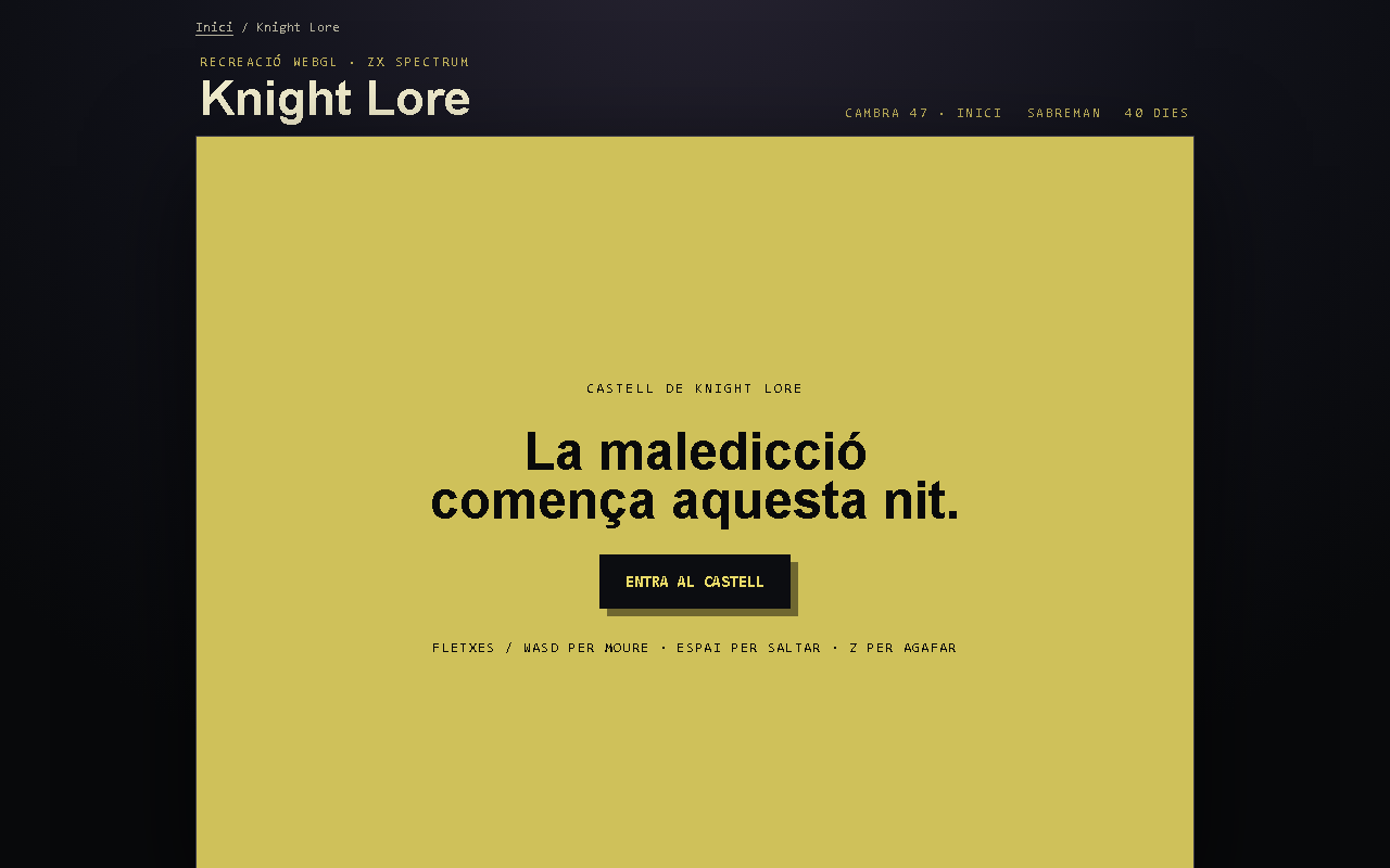Pantalla inicial de la recreació WebGL de Knight Lore