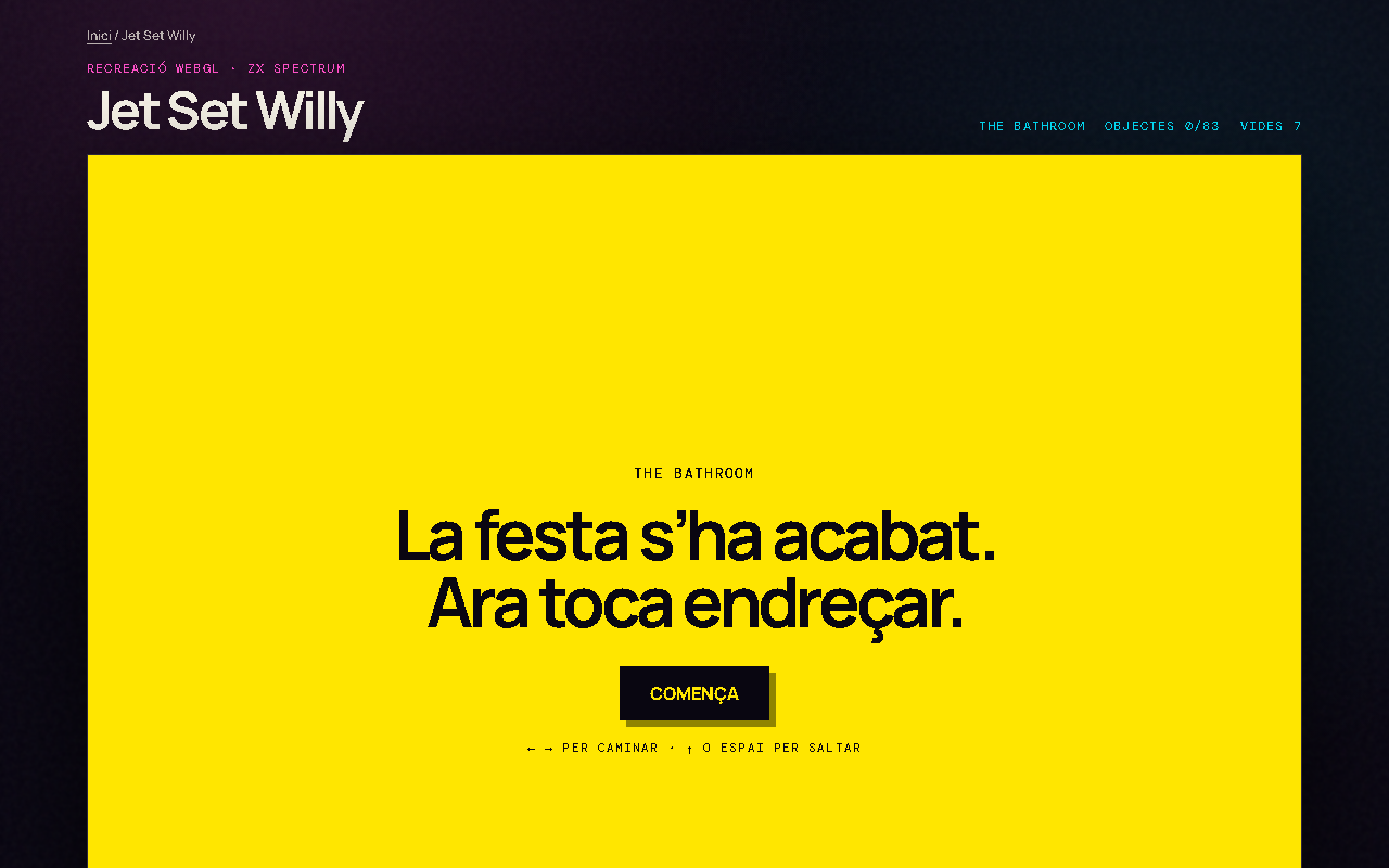 Pantalla inicial de la recreació WebGL de Jet Set Willy